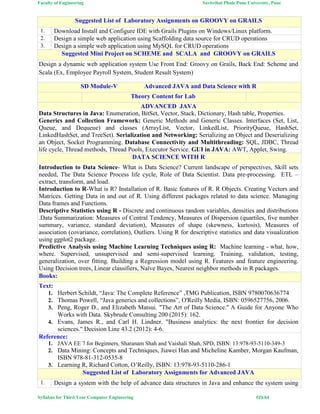 Faculty of Engineering Savitribai Phule Pune University, Pune
Syllabus for Third Year Computer Engineering #23/64
Suggested List of Laboratory Assignments on GROOVY on GRAILS
1. Download Install and Configure IDE with Grails Plugins on Windows/Linux platform.
2. Design a simple web application using Scaffolding data source for CRUD operations
3. Design a simple web application using MySQL for CRUD operations
Suggested Mini Project on SCHEME and SCALA and GROOVY on GRAILS
Design a dynamic web application system Use Front End: Groovy on Grails, Back End: Scheme and
Scala (Ex, Employee Payroll System, Student Result System)
SD Module-V Advanced JAVA and Data Science with R
Theory Content for Lab
ADVANCED JAVA
Data Structures in Java: Enumeration, BitSet, Vector, Stack, Dictionary, Hash table, Properties.
Generics and Collection Framework: Generic Methods and Generic Classes. Interfaces (Set, List,
Queue, and Dequeue) and classes (ArrayList, Vector, LinkedList, PriorityQueue, HashSet,
LinkedHashSet, and TreeSet). Serialization and Networking: Serializing an Object and Deserializing
an Object, Socket Programming. Database Connectivity and Multithreading: SQL, JDBC, Thread
life cycle, Thread methods, Thread Pools, Executor Service. GUI in JAVA: AWT, Applet, Swing.
DATA SCIENCE WITH R
Introduction to Data Science- What is Data Science? Current landscape of perspectives, Skill sets
needed, The Data Science Process life cycle, Role of Data Scientist. Data pre-processing. ETL –
extract, transform, and load.
Introduction to R-What is R? Installation of R. Basic features of R. R Objects. Creating Vectors and
Matrices. Getting Data in and out of R. Using different packages related to data science. Managing
Data frames and Functions.
Descriptive Statistics using R - Discrete and continuous random variables, densities and distributions
.Data Summarization: Measures of Central Tendency, Measures of Dispersion (quartiles, five number
summary, variance, standard deviation), Measures of shape (skewness, kurtosis), Measures of
association (covariance, correlation), Outliers. Using R for descriptive statistics and data visualization
using ggplot2 package.
Predictive Analysis using Machine Learning Techniques using R: Machine learning - what, how,
where. Supervised, unsupervised and semi-supervised learning. Training, validation, testing,
generalization, over fitting. Building a Regression model using R. Features and feature engineering.
Using Decision trees, Linear classifiers, Naïve Bayes, Nearest neighbor methods in R packages.
Books:
Text:
1. Herbert Schildt, “Java: The Complete Reference” ,TMG Publication, ISBN 9780070636774
2. Thomas Powell, “Java generics and collections”, O'Reilly Media, ISBN: 0596527756, 2006.
3. Peng, Roger D., and Elizabeth Matsui. "The Art of Data Science." A Guide for Anyone Who
Works with Data. Skybrude Consulting 200 (2015): 162.
4. Evans, James R., and Carl H. Lindner. "Business analytics: the next frontier for decision
sciences." Decision Line 43.2 (2012): 4-6.
Reference:
1. JAVA EE 7 for Beginners, Sharanam Shah and Vaishali Shah, SPD, ISBN: 13:978-93-5110-349-3
2. Data Mining: Concepts and Techniques, Jiawei Han and Micheline Kamber, Morgan Kaufman,
ISBN 978-81-312-0535-8
3. Learning R, Richard Cotton, O’Reilly, ISBN: 13:978-93-5110-286-1
Suggested List of Laboratory Assignments for Advanced JAVA
1. Design a system with the help of advance data structures in Java and enhance the system using
 