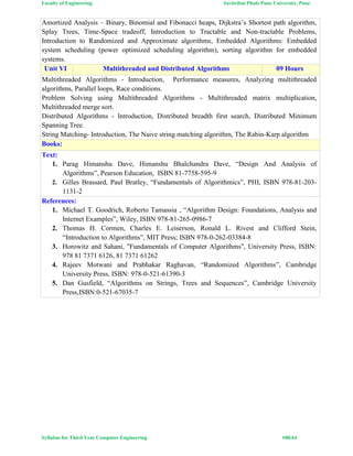 Faculty of Engineering Savitribai Phule Pune University, Pune
Syllabus for Third Year Computer Engineering #40/64
Amortized Analysis – Binary, Binomial and Fibonacci heaps, Dijkstra’s Shortest path algorithm,
Splay Trees, Time-Space tradeoff, Introduction to Tractable and Non-tractable Problems,
Introduction to Randomized and Approximate algorithms, Embedded Algorithms: Embedded
system scheduling (power optimized scheduling algorithm), sorting algorithm for embedded
systems.
Unit VI Multithreaded and Distributed Algorithms 09 Hours
Multithreaded Algorithms - Introduction, Performance measures, Analyzing multithreaded
algorithms, Parallel loops, Race conditions.
Problem Solving using Multithreaded Algorithms - Multithreaded matrix multiplication,
Multithreaded merge sort.
Distributed Algorithms - Introduction, Distributed breadth first search, Distributed Minimum
Spanning Tree.
String Matching- Introduction, The Naive string matching algorithm, The Rabin-Karp algorithm
Books:
Text:
1. Parag Himanshu Dave, Himanshu Bhalchandra Dave, “Design And Analysis of
Algorithms”, Pearson Education, ISBN 81-7758-595-9
2. Gilles Brassard, Paul Bratley, “Fundamentals of Algorithmics”, PHI, ISBN 978-81-203-
1131-2
References:
1. Michael T. Goodrich, Roberto Tamassia , “Algorithm Design: Foundations, Analysis and
Internet Examples”, Wiley, ISBN 978-81-265-0986-7
2. Thomas H. Cormen, Charles E. Leiserson, Ronald L. Rivest and Clifford Stein,
“Introduction to Algorithms”, MIT Press; ISBN 978-0-262-03384-8
3. Horowitz and Sahani, "Fundamentals of Computer Algorithms", University Press, ISBN:
978 81 7371 6126, 81 7371 61262
4. Rajeev Motwani and Prabhakar Raghavan, “Randomized Algorithms”, Cambridge
University Press, ISBN: 978-0-521-61390-3
5. Dan Gusfield, “Algorithms on Strings, Trees and Sequences”, Cambridge University
Press,ISBN:0-521-67035-7
 