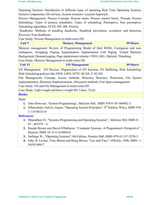 Faculty of Engineering Savitribai Phule Pune University, Pune
Syllabus for Third Year Computer Engineering #42/64
Operating Systems: Introduction to different types of operating Real Time Operating Systems,
System Components, OS services, System structure- Layered Approach.
Process Management: Process Concept- Process states, Process control block, Threads, Process
Scheduling: Types of process schedulers, Types of scheduling: Preemptive, Non preemptive.
Scheduling algorithms: FCFS, SJF, RR, Priority,
Deadlocks: Methods of handling deadlocks, Deadlock prevention, avoidance and detection,
Recovery from deadlocks.
Case Study: Process Management in multi-cores OS.
Unit V Memory Management 09 Hours
Memory management: Review of Programming Model of Intel 80386, Contiguous and non-
contiguous, Swapping, Paging, Segmentation, Segmentation with Paging. Virtual Memory:
Background, Demand paging, Page replacement scheme- FIFO, LRU, Optimal, Thrashing.
Case Study: Memory Management in multi-cores OS.
Unit VI I/O Management 09 Hours
I/O Management: I/O Devices, Organization of I/O function, I/O Buffering, Disk Scheduling-
Disk Scheduling policies like FIFO, LIFO, STTF, SCAN, C-SCAN.
File Management: Concept, Access methods, Directory Structure, Protection, File System
implementation, Directory Implementation, Allocation methods, Free Space management.
Case Study: I/O and File Management in multi-cores OS
Case Study: Light weight and heavy weight OS: Linux, Tizen
Books:
Text:
1. John Donovan, “System Programming”, McGraw Hill, ISBN 978-0--07-460482-3.
2. Silberschatz, Galvin, Gagne, "Operating System Principles", 9th
Edition, Wiley, ISBN 978-
1-118-06333-0
References:
1. Dhamdhere D., "Systems Programming and Operating Systems", McGraw Hill, ISBN 0 -
07 - 463579 – 4
2. Randal Bryant and David O'Hallaron, “Computer Systems: A Programmer's Perspective” ,
Pearson, ISBN 10: 0-13-610804-0
3. Stallings W., "Operating Systems", 6th Edition, Prentice Hall, ISBN-978-81-317-2528-3.
4. John. R. Levine, Tony Mason and Doug Brown, “Lex and Yacc”, O'Reilly, 1998, ISBN: 1-
56592-000-7
 