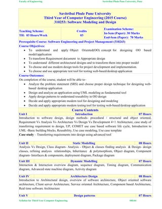 Faculty of Engineering Savitribai Phule Pune University, Pune
Syllabus for Third Year Computer Engineering #45/64
Savitribai Phule Pune University
Third Year of Computer Engineering (2015 Course)
310253: Software Modeling and Design
Teaching Scheme:
TH: 03 Hours/Week
Credits
03
Examination Scheme:
In-Sem (Paper): 30 Marks
End-Sem (Paper): 70 Marks
Prerequisite Course: Software Engineering and Project Management (310243)
Course Objectives:
 To understand and apply Object Oriented(OO) concept for designing OO based
model/application
 To transform Requirement document to Appropriate design
 To understand different architectural designs and to transform them into proper model
 To choose and use modern design tools for project development and implementation.
 To choose and use appropriate test tool for testing web-based/desktop application
Course Outcomes:
On completion of the course, student will be able to–
 Analyze the problem statement (SRS) and choose proper design technique for designing web-
based/ desktop application
 Design and analyze an application using UML modeling as fundamental tool
 Apply design patterns to understand reusability in OO design
 Decide and apply appropriate modern tool for designing and modeling
 Decide and apply appropriate modern testing tool for testing web-based/desktop application
Course Contents
Unit I Introduction 07 Hours
Introduction to software design, design methods- procedural / structural and object oriented,
Requirement Vs Analysis Vs Architecture Vs Design Vs Development 4+1 Architecture, case study of
transferring requirement to design, UP, COMET use case based software life cycle, Introduction to
UML -Basic building blocks, Reusability, Use case modeling, Use case template
Case study – Transferring requirements into design using advanced tool
Unit II Static Modelling 08 Hours
Analysis Vs Design, Class diagram- Analysis - Object & classes finding analysis & Design- design
classes, refining analysis relationships, Inheritance & polymorphism, Object diagram, Component
diagram- Interfaces & components, deployment diagram, Package diagram
Unit III Dynamic Modelling 07 Hours
Interaction & Interaction overview diagram, sequence diagram, Timing diagram, Communication
diagram, Advanced state machine diagram, Activity diagram
Unit IV Architecture Design 08 Hours
Introduction to Architectural design, overview of software architecture, Object oriented software
architecture, Client server Architecture, Service oriented Architecture, Component based Architecture,
Real time software Architecture
Unit V Design patterns 07 Hours
 