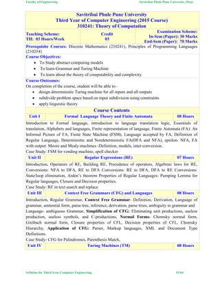 Faculty of Engineering Savitribai Phule Pune University, Pune
Syllabus for Third Year Computer Engineering #7/64
Savitribai Phule Pune University
Third Year of Computer Engineering (2015 Course)
310241: Theory of Computation
Teaching Scheme:
TH: 03 Hours/Week
Credit
03
Examination Scheme:
In-Sem (Paper): 30 Marks
End-Sem (Paper): 70 Marks
Prerequisite Courses: Discrete Mathematics (210241), Principles of Programming Languages
(210254)
Course Objectives:
 To Study abstract computing models
 To learn Grammar and Turing Machine
 To learn about the theory of computability and complexity.
Course Outcomes:
On completion of the course, student will be able to–
 design deterministic Turing machine for all inputs and all outputs
 subdivide problem space based on input subdivision using constraints
 apply linguistic theory
Course Contents
Unit I Formal Language Theory and Finite Automata 08 Hours
Introduction to Formal language, introduction to language translation logic, Essentials of
translation, Alphabets and languages, Finite representation of language, Finite Automata (FA): An
Informal Picture of FA, Finite State Machine (FSM), Language accepted by FA, Definition of
Regular Language, Deterministic and Nondeterministic FA(DFA and NFA), epsilon- NFA, FA
with output: Moore and Mealy machines -Definition, models, inter-conversion.
Case Study: FSM for vending machine, spell checker
Unit II Regular Expressions (RE) 07 Hours
Introduction, Operators of RE, Building RE, Precedence of operators, Algebraic laws for RE,
Conversions: NFA to DFA, RE to DFA Conversions: RE to DFA, DFA to RE Conversions:
State/loop elimination, Arden’s theorem Properties of Regular Languages: Pumping Lemma for
Regular languages, Closure and Decision properties.
Case Study: RE in text search and replace
Unit III Context Free Grammars (CFG) and Languages 08 Hours
Introduction, Regular Grammar, Context Free Grammar- Definition, Derivation, Language of
grammar, sentential form, parse tree, inference, derivation, parse trees, ambiguity in grammar and
Language- ambiguous Grammar, Simplification of CFG: Eliminating unit productions, useless
production, useless symbols, and Є-productions, Normal Forms- Chomsky normal form,
Greibach normal form, Closure properties of CFL, Decision properties of CFL, Chomsky
Hierarchy, Application of CFG: Parser, Markup languages, XML and Document Type
Definitions.
Case Study- CFG for Palindromes, Parenthesis Match,
Unit IV Turing Machines (TM) 08 Hours
 