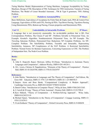 Faculty of Engineering Savitribai Phule Pune University, Pune
Syllabus for Third Year Computer Engineering #8/64
Turing Machine Model, Representation of Turing Machines, Language Acceptability by Turing
Machines, Design of TM, Description of TM, Techniques for TM Construction, Variants of Turing
Machines, The Model of Linear Bounded Automata , TM & Type 0 grammars, TM’s Halting
Problem.
Unit V Pushdown Automata(PDA) 07 Hours
Basic Definitions, Equivalence of Acceptance by Finite State & Empty stack, PDA & Context Free
Language, Equivalence of PDA and CFG, Parsing & PDA: Top-Down Parsing, Top-down Parsing
Using Deterministic PDA, Bottom-up Parsing, Closure properties and Deterministic PDA.
Unit VI Undecidability & Intractable Problems 07 Hours
A Language that is not recursively enumerable, An un-decidable problem that is RE, Post
Correspondence Problem, The Classes P and NP : Problems Solvable in Polynomial Time, An
Example: Kruskal's Algorithm, Nondeterministic Polynomial Time, An NP Example: The
Traveling Salesman Problem, Polynomial-Time Reductions NP Complete Problems, An NP-
Complete Problem: The Satisfiability Problem, Tractable and Intractable, Representing
Satisfiability, Instances, NP Completeness of the SAT Problem, A Restricted Satisfiability
Problem: Normal Forms for Boolean Expressions, Converting Expressions to CNF, The Problem
of Independent Sets, The Node-Cover Problem.
Books:
Text:
1. John E. Hopcroft, Rajeev Motwani, Jeffrey D.Ullman, “Introduction to Automata Theory
Languages and Computation”, Addison-Wesley, ISBN 0-201-44124-1.
2. H.L. Lewis, Christos H. Papadimitriou, “Elements of the Theory of Computation”, Prentice
Hall, ISBN-10: 0132624788; ISBN-13: 978-0132624787
References:
1. John Martin, “Introduction to Languages and The Theory of Computation”, 2nd Edition, Mc
Graw Hill Education, ISBN-13: 978-1-25-900558-9, ISBN-10: 1-25-900558-5
2. Sanjeev Arora and Boaz Barak, “Computational Complexity: A Modern Approach”,
Cambridge University Pre ss, ISBN:0521424267 9780521424264
3. Daniel Cohen, “Introduction to Computer Theory”, Wiley & Sons, ISBN 9788126513345
4. J. Carroll & D Long, “Theory of Finite Automata”, Prentice Hall, ISBN 0-13-913708-4
5. Kavi Mahesh, “Theory of Computation : A Problem-Solving Approach”, Wiley India,
ISBN10 8126533110
6. Michael Sipser, “Introduction to the Theory of Computation”, Cengage Learning, ISBN-13:
9781133187813
7. Vivek Kulkarni “Theory of Computation”, Oxford University Press, ISBN 0-19-808458
 