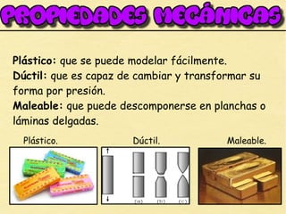 Plástico: que se puede modelar fácilmente.
Dúctil: que es capaz de cambiar y transformar su
forma por presión.
Maleable: que puede descomponerse en planchas o
láminas delgadas.
Plástico. Dúctil. Maleable.
 