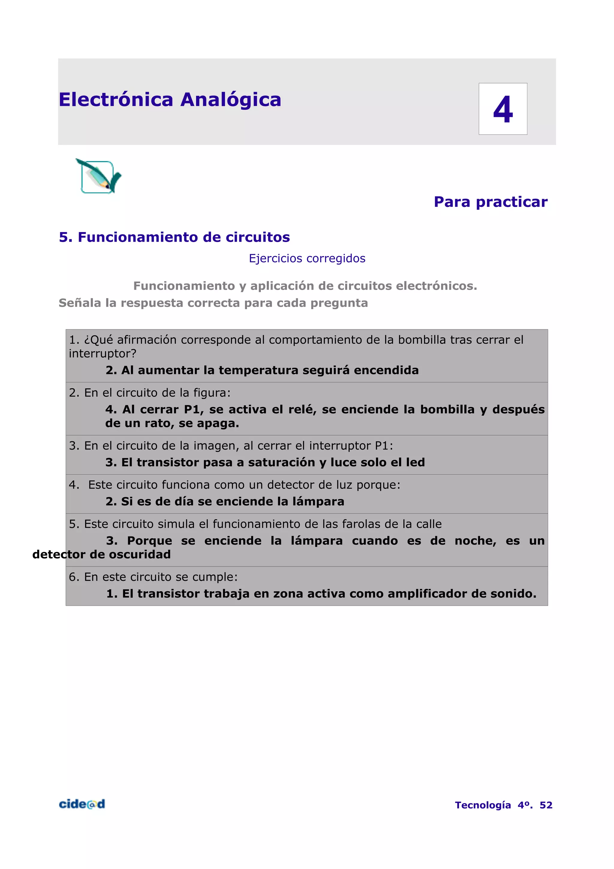 Electrónica Analógica
Para practicar
5. Funcionamiento de circuitos
Ejercicios corregidos
Funcionamiento y aplicación de circuitos electrónicos.
Señala la respuesta correcta para cada pregunta
1. ¿Qué afirmación corresponde al comportamiento de la bombilla tras cerrar el
interruptor?
2. Al aumentar la temperatura seguirá encendida
2. En el circuito de la figura:
4. Al cerrar P1, se activa el relé, se enciende la bombilla y después
de un rato, se apaga.
3. En el circuito de la imagen, al cerrar el interruptor P1:
3. El transistor pasa a saturación y luce solo el led
4. Este circuito funciona como un detector de luz porque:
2. Si es de día se enciende la lámpara
5. Este circuito simula el funcionamiento de las farolas de la calle
3. Porque se enciende la lámpara cuando es de noche, es un
detector de oscuridad
6. En este circuito se cumple:
1. El transistor trabaja en zona activa como amplificador de sonido.
Tecnología 4º. 52
4
 
