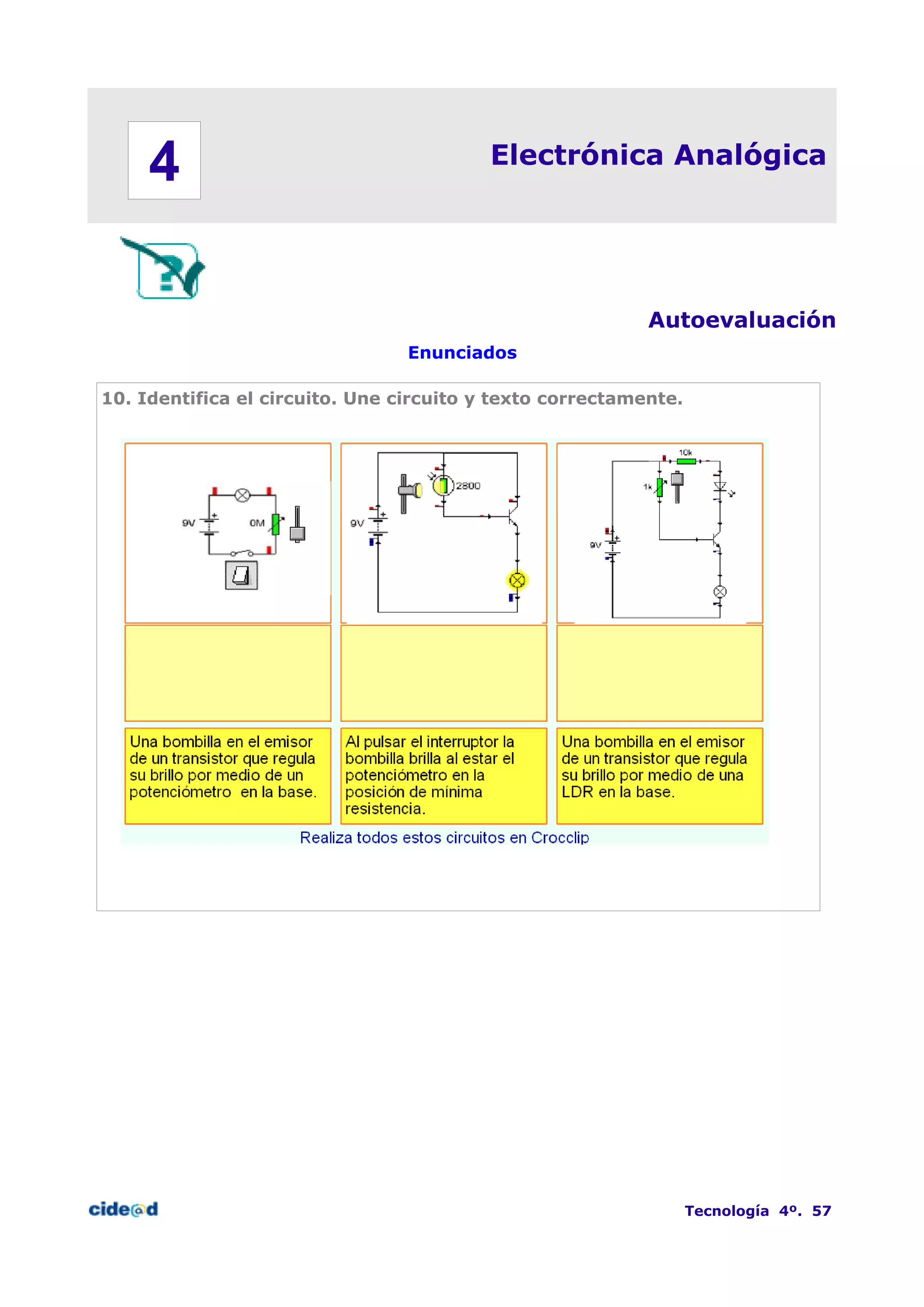 Electrónica Analógica
Autoevaluación
Enunciados
10. Identifica el circuito. Une circuito y texto correctamente.
Tecnología 4º. 57
4
 