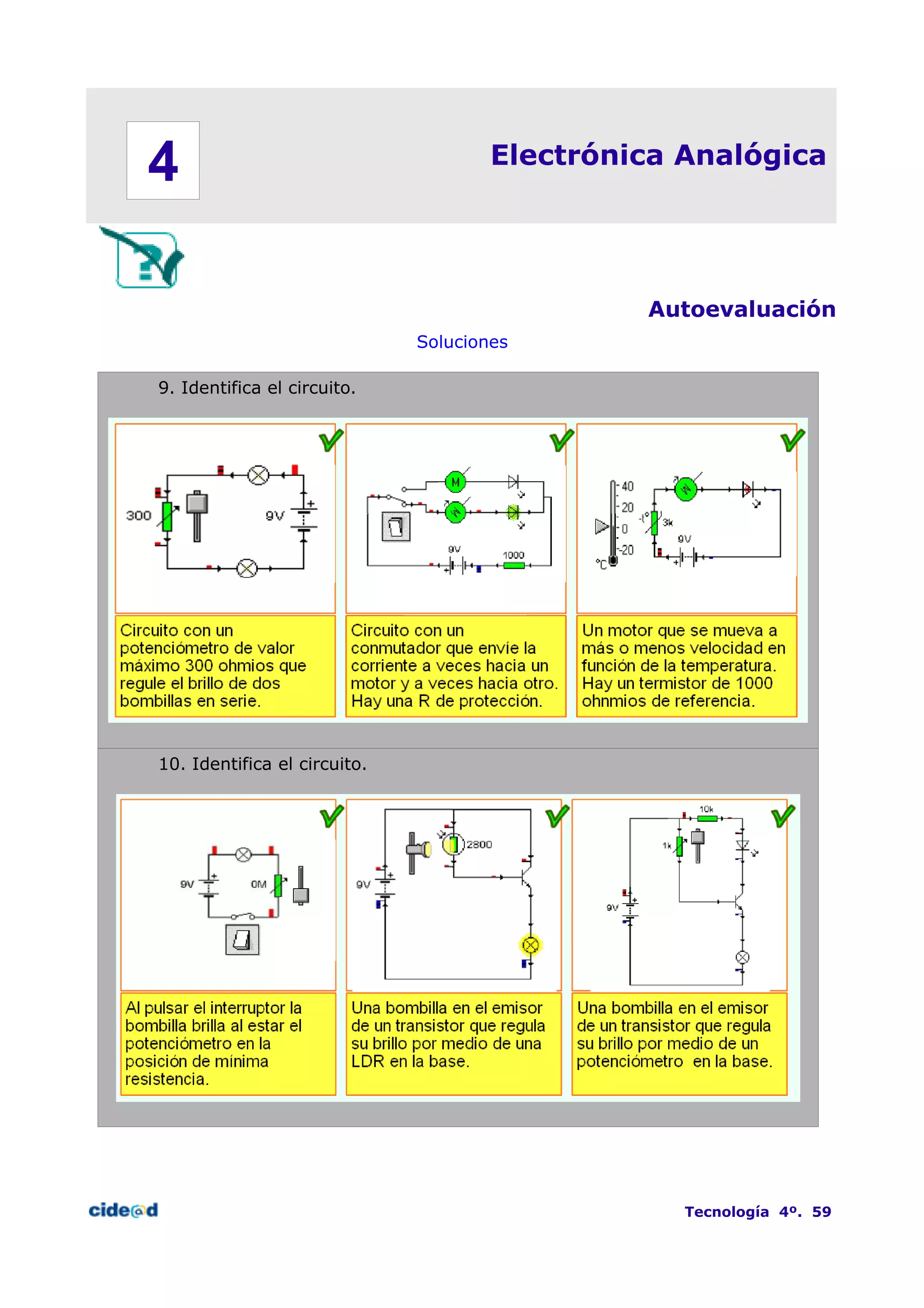 Electrónica Analógica
Autoevaluación
Soluciones
9. Identifica el circuito.
10. Identifica el circuito.
Tecnología 4º. 59
4
 