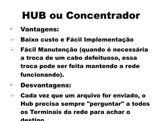 HUB ou Concentrador
   Vantagens:
 Baixo custo e Fácil Implementação
 Fácil Manutenção (quando é necessária
    a troca de um cabo defeituoso, essa
    troca pode ser feita mantendo a rede
    funcionando).
   Desvantagens:
 Cada vez que um arquivo for enviado, o
    Hub precisa sempre "perguntar" a todos
    os Terminais da rede para achar o
 