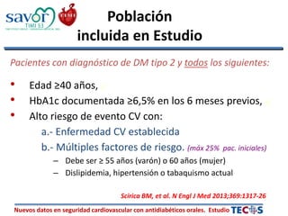 Nuevos datos en seguridad cardiovascular con antidiabéticos orales. Estudio
Pacientes con diagnóstico de DM tipo 2 y todos los siguientes:
• Edad ≥40 años, y
• HbA1c documentada ≥6,5% en los 6 meses previos, y
• Alto riesgo de evento CV con:
a.- Enfermedad CV establecida
b.- Múltiples factores de riesgo. (máx 25% pac. iniciales)
– Debe ser ≥ 55 años (varón) o 60 años (mujer)
– Dislipidemia, hipertensión o tabaquismo actual
Scirica BM, et al. N Engl J Med 2013;369:1317-26
TIMI STUDY GROUP / HADASSAH MEDICAL ORG
Población
incluida en Estudio
 