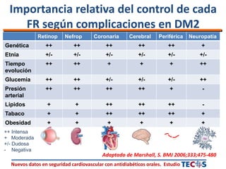 Nuevos datos en seguridad cardiovascular con antidiabéticos orales. Estudio
Importancia relativa del control de cada
FR según complicaciones en DM2
Retinop Nefrop Coronaria Cerebral Periférica Neuropatía
Genética ++ ++ ++ ++ ++ +
Etnia +/- +/- +/- +/- +/- +/-
Tiempo
evolución
++ ++ + + + ++
Glucemia ++ ++ +/- +/- +/- ++
Presión
arterial
++ ++ ++ ++ + -
Lípidos + + ++ ++ ++ -
Tabaco + + ++ ++ ++ +
Obesidad + + + + + +
Adaptado de Marshall, S. BMJ 2006;333;475-480
++ Intensa
+ Moderada
+/- Dudosa
- Negativa
 
