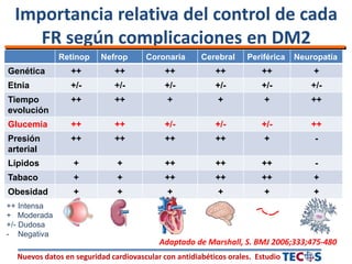 Nuevos datos en seguridad cardiovascular con antidiabéticos orales. Estudio
Importancia relativa del control de cada
FR según complicaciones en DM2
Retinop Nefrop Coronaria Cerebral Periférica Neuropatía
Genética ++ ++ ++ ++ ++ +
Etnia +/- +/- +/- +/- +/- +/-
Tiempo
evolución
++ ++ + + + ++
Glucemia ++ ++ +/- +/- +/- ++
Presión
arterial
++ ++ ++ ++ + -
Lípidos + + ++ ++ ++ -
Tabaco + + ++ ++ ++ +
Obesidad + + + + + +
Adaptado de Marshall, S. BMJ 2006;333;475-480
++ Intensa
+ Moderada
+/- Dudosa
- Negativa
 