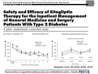 Nuevos datos en seguridad cardiovascular con antidiabéticos orales. Estudio
Diabetes Care 36:3430–3435, 2013
 