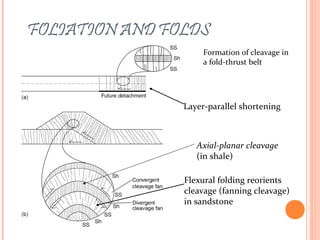 FOLIATION AND FOLDS
Formation of cleavage in
a fold-thrust belt
Layer-parallel shortening
Flexural folding reorients
cleavage (fanning cleavage)
in sandstone
Axial-planar cleavage
(in shale)
 