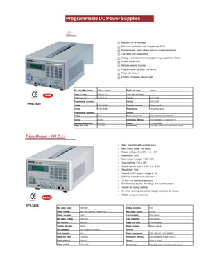 Programmable DC Power Supplies
x2j
00
"OWtR SlJPPLV
EMC-LVD
□
□
□
□
□
□
□
□
□
□
Standard GPIB interf ace
Electronic calibration v ia f ront panel or GPIB
Programmable ov er v oltage and ov er current protection
Low ripple and noise output
Voltage controlled external programming capabilities Output
enable and disable
Remote sensing f unction
Programmable up/down f ine tuning
Power-of f memory
4 Digit LCD display easy to read
PPS-3520
DC output Max ratings 70W per channel Ripple and noise 10mVp-p
Output v oltage Dual 0 to 35V Read back accuracy
Output current Dual 0 to 2A Voltage 0.1%+2LSB
Programming accuracy Current 0.2%+5LSB
Voltage 0.05%+2LSB Transient recov ery 50psec. typical
Current 0.15%+5LSB Programming 15ms/20ms typical
Programming resolution General
Voltage 10mV Power requirement 115V, 230VAC±10%, 50760Hz
Current 0.6 mA Dimensions (WxHxL) 213x132x399mm (8.4"x5.2"x15.7")
Operating temperature 0 to 50°C. Weight 18 lbs (8.16kgs)
Ripple and noise 1 mV rms Accessories Test leads, power cord and owners manual
Triple Output + 30V/2.5A
EMC-LVD
□ Easy operation with up/down key s
□ Max. output power 165 watts
□ Output v oltage: 0 to 30V, 0 to - 30V
□ Resolution: 10mV
□ Max. output v oltage: + 32V/-32V
□ Dual tracking: 0 to ± 30V
□ Output current: 0 to + 2.5A, 0 to -2.5A
□ Resolution: 1mA
□ Fixed 3.3V/5V output v oltage at 3A
□ Self test and sof tware calibration
□ 12 Bits D/A conv erter accuracy
□ Simultaneous display of v oltage and current outputs
□ Forced air cooling method
□ Ov erload warning and status change indication by beeper
□ RS232 computer interf ace
TPT-3025
Max output power 165 Watts
Output v oltage 0to + 30V, Oto-30V, Fixed3.3V/5V
Setting resolution 10mV
Max output v oltage +32V/-32V
Dual tracking 0to±30V
Tracking dev iation ±20mV
Line regulation 1mV (Fixed 3.3V/5V5mV)
Load regulation 2mV
Ripple and noise 1.5mVrms
Ripple peak(p-p) 10mVp-p
Output current 0 to ± 2.5A
Setting resolution 1mA
Max. output current +3A/-3A
Line regulation 15mA typical
Load regulation 10mA typical
Ripple and noise 1 mA rms typical
Ripple peak(p-p) 5mA p-p typical
General
Power requirement 115V, 230V AC ±10%, 50/60HZ
Dimensions (WxHxL) 213x132x399mm (8.4"x5.2"x15.7")
Weight 18 lbs (8.16 kgs)
Accessories Test leads, power cord and owners manual
 