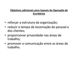 Objetivos adicionais para layouts da Operação de 
Escritórios 
• reforçar a estrutura da organização; 
• reduzir o tempo de locomoção do pessoal e 
dos clientes; 
• proporcionar privacidade nas áreas de 
trabalho; 
• promover a comunicação entre as áreas de 
trabalho. 
 