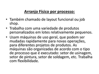 Arranjo Físico por processo: 
• Também chamado de layout funcional ou job 
shop. 
• Trabalha com uma variedade de produtos 
personalizados em lotes relativamente pequenos. 
• Usam máquinas de uso geral, que podem ser 
mudadas rapidamente para novas operações, 
para diferentes projetos de produtos. As 
máquinas são organizadas de acordo com o tipo 
de processo que é executado: setor de usinagem, 
setor de pintura, setor de soldagem, etc. Trabalha 
com flexibilidade. 
 