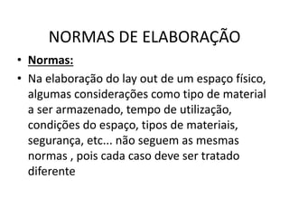 NORMAS DE ELABORAÇÃO 
• Normas: 
• Na elaboração do lay out de um espaço físico, 
algumas considerações como tipo de material 
a ser armazenado, tempo de utilização, 
condições do espaço, tipos de materiais, 
segurança, etc... não seguem as mesmas 
normas , pois cada caso deve ser tratado 
diferente 
 