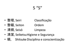 5 “S” 
• 整理, Seiri Classificação 
• 整頓, Seiton Ordem 
• 清掃, Seisō Limpeza 
• 清潔, SeiketsuHigiene e Segurança 
• 躾, Shitsuke Disciplina e conscientização 
 
