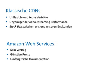 Klassische CDNs
 Unflexible und teure Verträge
 Ungenügende Video-Streaming Performance
 Black Box zwischen uns und unseren Endkunden

Amazon Web Services
 Kein Vertrag
 Günstige Preise
 Umfangreiche Dokumentation

 