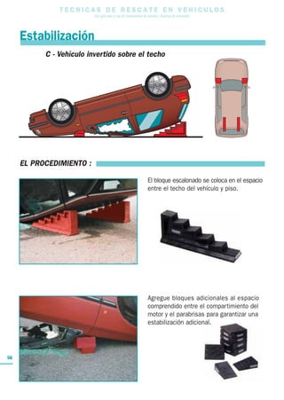 T E C N I C A S D E R E S C A T E E N V E H I C U L O S
Una guía para el uso de herramientas de rescate y técnicas de extracción
56
EL PROCEDIMIENTO :
El bloque escalonado se coloca en el espacio
entre el techo del vehículo y piso.
Agregue bloques adicionales al espacio
comprendido entre el compartimiento del
motor y el parabrisas para garantizar una
estabilización adicional.
Estabilización
C - Vehículo invertido sobre el techo
 
