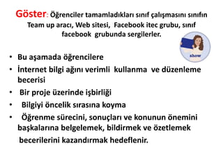 Göster: Öğrenciler tamamladıkları sınıf çalışmasını sınıfın
Team up aracı, Web sitesi, Facebook itec grubu, sınıf
facebook grubunda sergilerler.
• Bu aşamada öğrencilere
• İnternet bilgi ağını verimli kullanma ve düzenleme
becerisi
• Bir proje üzerinde işbirliği
• Bilgiyi öncelik sırasına koyma
• Öğrenme sürecini, sonuçları ve konunun önemini
başkalarına belgelemek, bildirmek ve özetlemek
becerilerini kazandırmak hedeflenir.
 