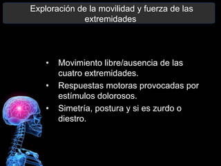 Exploración de la movilidad y fuerza de las
extremidades
• Movimiento libre/ausencia de las
cuatro extremidades.
• Respuestas motoras provocadas por
estímulos dolorosos.
• Simetría, postura y si es zurdo o
diestro.
 