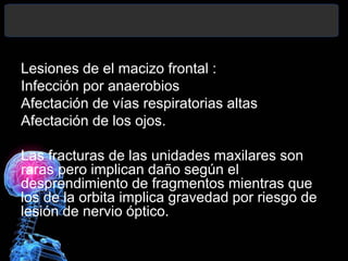 Lesiones de el macizo frontal :
Infección por anaerobios
Afectación de vías respiratorias altas
Afectación de los ojos.
Las fracturas de las unidades maxilares son
raras pero implican daño según el
desprendimiento de fragmentos mientras que
los de la orbita implica gravedad por riesgo de
lesión de nervio óptico.
 