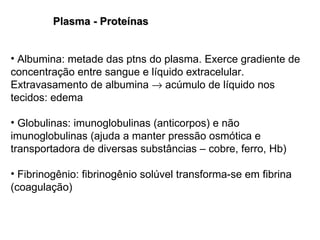 Plasma - Proteínas   Albumina: metade das ptns do plasma. Exerce gradiente de concentração entre sangue e líquido extracelular. Extravasamento de albumina    acúmulo de líquido nos tecidos: edema Globulinas: imunoglobulinas (anticorpos) e não imunoglobulinas (ajuda a manter pressão osmótica e transportadora de diversas substâncias – cobre, ferro, Hb) Fibrinogênio: fibrinogênio solúvel transforma-se em fibrina (coagulação)  