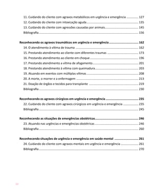 11. Cuidando do cliente com agravos metabólicos em urgência e emergência . ............. 127
        12. Cuidando do cliente com intoxicação aguda............................................................... 135
        13. Cuidando do cliente com agressões causadas por animais........................................ 145
        Bibliografia........................................................................................................................ 156

     Reconhecendo os agravos traumáticos em urgência e emergência.................................. 162
        14. O atendimento à vítima de trauma ............................................................................ 162
        15. Prestando atendimento ao cliente com diferentes traumas ...................................... 173
        16. Prestando atendimento ao cliente em choque........................................................... 196
        17. Prestando atendimento a vítima de afogamento....................................................... 201
        18. Prestando atendimento à vítima com queimadura.................................................... 203
                                                         .
        19. Atuando em eventos com múltiplas vítimas............................................................... 208
        20. A morte, o morrer e a enfermagem ........................................................................... 213
        21. Doação de órgãos e tecidos para transplante ............................................................ 219
        Bibliografia........................................................................................................................ 230

     Reconhecendo os agravos cirúrgicos em urgência e emergência...................................... 235
        22. Cuidando do cliente com agravos cirúrgicos em urgência e emergência . ................. 235
        Bibliografia........................................................................................................................ 245

     Reconhecendo as situações de emergências obstétricas.................................................. 246
        23. Atuando nas urgências e emergências obstétricas..................................................... 246
        Bibliografia........................................................................................................................ 260

     Reconhecendo situações de urgência e emergência em saúde mental ............................ 261
        24. Cuidando do cliente com agravos mentais em urgência e emergência...................... 261
        Bibliografia........................................................................................................................ 270




10
 