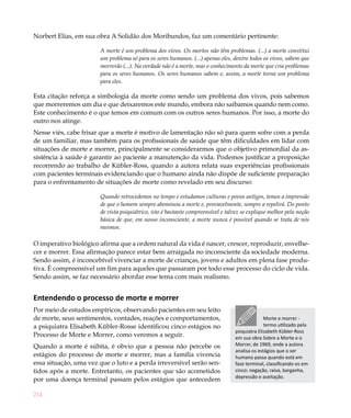 Norbert Elias, em sua obra A Solidão dos Moribundos, faz um comentário pertinente:

                       A morte é um problema dos vivos. Os mortos não têm problemas. (...) a morte constitui
                       um problema só para os seres humanos. (...) apenas eles, dentre todos os vivos, sabem que
                       morrerão (...). Na verdade não é a morte, mas o conhecimento da morte que cria problemas
                       para os seres humanos. Os seres humanos sabem e, assim, a morte torna um problema
                       para eles.

Esta citação reforça a simbologia da morte como sendo um problema dos vivos, pois sabemos
que morreremos um dia e que deixaremos este mundo, embora não saibamos quando nem como.
Este conhecimento é o que temos em comum com os outros seres humanos. Por isso, a morte do
outro nos atinge.
Nesse viés, cabe frisar que a morte é motivo de lamentação não só para quem sofre com a perda
de um familiar, mas também para os profissionais de saúde que têm dificuldades em lidar com
situações de morte e morrer, principalmente se considerarmos que o objetivo primordial da as-
sistência à saúde é garantir ao paciente a manutenção da vida. Podemos justificar a proposição
recorrendo ao trabalho de Kübler-Ross, quando a autora relata suas experiências profissionais
com pacientes terminais evidenciando que o humano ainda não dispõe de suficiente preparação
para o enfrentamento de situações de morte como revelado em seu discurso:

                       Quando retrocedemos no tempo e estudamos culturas e povos antigos, temos a impressão
                       de que o homem sempre abominou a morte e, provavelmente, sempre a repelirá. Do ponto
                       de vista psiquiátrico, isto é bastante compreensível e talvez se explique melhor pela noção
                       básica de que, em nosso inconsciente, a morte nunca é possível quando se trata de nós
                       mesmos.

O imperativo biológico afirma que a ordem natural da vida é nascer, crescer, reproduzir, envelhe-
cer e morrer. Essa afirmação parece estar bem arraigada no inconsciente da sociedade moderna.
Sendo assim, é inconcebível vivenciar a morte de crianças, jovens e adultos em plena fase produ-
tiva. É compreensível um fim para aqueles que passaram por todo esse processo do ciclo de vida.
Sendo assim, se faz necessário abordar esse tema com mais realismo.


Entendendo o processo de morte e morrer
Por meio de estudos empíricos, observando pacientes em seu leito
de morte, seus sentimentos, vontades, reações e comportamentos,                                Morte e morrer -
a psiquiatra Elisabeth Kübler-Rosse identificou cinco estágios no                              termo utilizado pela
                                                                                 psiquiatra Elisabeth Kübler-Ross
Processo de Morte e Morrer, como veremos a seguir.                               em sua obra Sobre a Morte e o
Quando a morte é súbita, é obvio que a pessoa não percebe os                     Morrer, de 1969, onde a autora
                                                                                 analisa os estágios que o ser
estágios do processo de morte e morrer, mas a família vivencia                   humano passa quando está em
essa situação, uma vez que o luto e a perda irreversível serão sen-              fase terminal, classificando-os em
tidos após a morte. Entretanto, os pacientes que são acometidos                  cinco: negação, raiva, barganha,
                                                                                 depressão e aceitação.
por uma doença terminal passam pelos estágios que antecedem

214
 