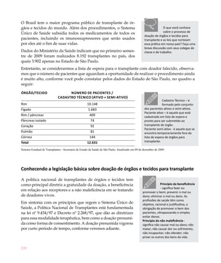 O Brasil tem o maior programa público de transplante de ór-
gãos e tecidos do mundo. Além dos procedimentos, o Sistema                                                        O que você conhece
Único de Saúde subsidia todos os medicamentos de todos os                                                         sobre o processo de
                                                                                                   doação de órgãos e tecidos para
pacientes, incluindo os imunossupressores que serão usados                                         transplante e as leis que norteiam
por eles até o fim de suas vidas.                                                                  essa prática em nosso país? Faça uma
                                                                                                   breve discussão com seus colegas de
Dados do Ministério da Saúde indicam que no primeiro semes-                                        classe e de trabalho.
tre de 2009 foram realizados 8.192 transplantes no país, dos
quais 3.902 apenas no Estado de São Paulo.
Entretanto, se considerarmos a lista de espera para o transplante com doador falecido, observa-
mos que o número de pacientes que aguardam a oportunidade de realizar o procedimento ainda
é muito alto, conforme você pode constatar pelos dados do Estado de São Paulo, no quadro a
seguir:

Órgão/Tecido	                      Número de pacientes /
                             cadastro técnico (ativo + semi-ativo)
                                                                                                                 Cadastro Técnico – é
Rim	                                                 10.148                                                      formado pelo conjunto
Fígado	                                               1.683                                        dos pacientes ativos e semi-ativos.
                                                                                                   Paciente ativo – é aquele que está
Rim / pâncreas	                                        409                                         cadastrado em lista de espera e
Pâncreas isolado	                                       74                                         pronto para ser submetido ao
Coração	                                                92                                         transplante de órgão.
                                                                                                   Paciente semi-ativo - é aquele que se
Pulmão	                                                 81                                         encontra temporariamente fora da
Córnea	                                                144                                         lista de espera de órgãos para
Total	                                               12.631                                        transplante.

Sistema Estadual de Transplantes - Secretaria de Estado da Saúde de São Paulo. Atualizado em 09 de dezembro de 2009.




Conhecendo a legislação básica sobre doação de órgãos e tecidos para transplante

A política nacional de transplantes de órgãos e tecidos tem
como principal diretriz a gratuidade da doação, a beneficência                                                  Princípio da beneficência
                                                                                                                - significa fazer ou
em relação aos receptores e a não maleficência em se tratando                                     promover o bem; prevenir o mal ou
de doadores vivos.                                                                                dano; eliminar o mal ou dano. As
                                                                                                  profissões de saúde têm como
Em sintonia com os princípios que regem o Sistema Único de                                        objetivo, racional e justificativa, a
Saúde, a Política Nacional de Transplantes está fundamentada                                      obrigação de promover o bem dos
na lei nº 9.434/97 e Decreto nº 2.268/97, que dão as diretrizes                                   pacientes, ultrapassando o simples
                                                                                                  evitar danos.
para essa modalidade terapêutica, bem como a doação presumi-
                                                                                                  Princípio da não maleficência -
da como forma de consentimento. A doação presumida vigorou                                        significa não causar mal ou dano; não
por curto período de tempo, conforme veremos adiante.                                             matar; não causar dor ou sofrimento;
                                                                                                  não incapacitar; não ofender; não
                                                                                                  privar os outros dos bens da vida.


220
 