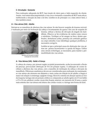 C- Circulação - Gestante
     Para realização adequada da RCP, faça tração do útero para o lado esquerdo da cliente.
     Assim, você estará descomprimindo a veia cava e tornando a manobra de RCP mais eficaz,
     melhorando a situação da mãe e do feto. Lembre-se do princípio: se a mãe estiver bem, o
     feto também estará.

A – Vias aéreas (VA) - Adulto
Iniciam-se as manobras de abertura das vias aéreas. Se não houver suspeita de trauma cervical,
é realizada por meio da inclinação da cabeça e levantamento do queixo. Em caso de suspeita de
                                     trauma, utilizar a técnica de elevação do ângulo da man-
                                     díbula. Observe se há evidências de ruídos como roncos
                                     e estridores. Verifique se há sangue na boca, dentes que-
                                     brados, dentaduras soltas, presença de conteúdo gástrico
                                     ou corpo estranho. Caso identifique qualquer problema, é
                                     necessário corrigi-lo.
                                               Lembre-se que a principal causa de obstrução das vias aé-
                                               reas em pessoa inconsciente é a queda da língua. Utilize
                                               uma cânula orofaríngea, se necessário, para manter a per-
                                               meabilidade das vias aéreas.
             Manobra de inclinação da cabeça
                 e elevação do mento (AHA).


     A - Vias Aéreas (VA) - Bebê e Criança
     A cabeça da criança, por possuir região occipital proeminente, acaba favorecendo a flexão
     do pescoço, provocando obstrução de VA em posição supina. A utilização de coxins fa-
     cilitará a abertura das vias aéreas, com a manobra de inclinação da cabeça e elevação da
     mandíbula. Diferenças anatômicas devem ser consideradas para realização da reanimação:
     as vias aéreas são menores em diâmetro e mais curtas em relação às do adulto; a língua é
     maior em relação à orofaringe; epiglote é longa, flexível e estreita em direção oposta ao eixo
     da traqueia; laringe está em posição cefálica se comparada ao adulto (glote em C3 em bebês
     e C5 e C6 em adultos); cordas vocais têm fixação anterior; em menores de 10 anos, a parte
     mais estreita das vias aéreas está abaixo das cordas vocais; e a laringe tem forma de funil.




               Bebê com flexão no pescoço.                 Bebê com pesçoço na posição neutra.

                                                                                                      53
 