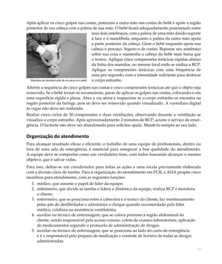 Após aplicar os cinco golpes nas costas, posicione a outra mão nas costas do bebê e apóie a região
posterior de sua cabeça com a palma de sua mão. O bebê ficará adequadamente posicionado entre
                                                seus dois antebraços, com a palma de uma mão dando suporte
                                                à face e à mandíbula, enquanto a palma da outra mão apoia
                                                a parte posterior da cabeça. Girar o bebê enquanto apoia sua
                                                cabeça e pescoço. Segure-o de costas. Repouse seu antebraço
                                                sobre sua coxa e mantenha a cabeça do bebê mais baixa que
                                                o tronco. Aplique cinco compressões torácicas rápidas abaixo
                                                da linha dos mamilos, no mesmo local onde se realiza a RCP.
                                                Aplique as compressões torácicas com uma frequência de
                                                uma por segundo, com a intensidade suficiente para deslocar
  Manobra de desobstrução de via aérea em bebê. o corpo estranho.

Alterne a sequência de cinco golpes nas costas e cinco compressões torácicas até que o objeto seja
removido. Se o bebê tornar-se inconsciente, parar de aplicar os golpes nas costas, colocando-o em
uma superfície rígida e plana. Abra a via aérea e inspecione se o corpo estranho se encontra na
região posterior da faringe, pois só deve ser removido quando visualizado. A varredura digital
às cegas não deve ser realizada.
Realize cinco ciclos de 30 compressões e duas ventilações, observando durante a ventilação se
visualiza o corpo estranho. Após aproximadamente 2 minutos de RCP, acione o serviço de emer-
gência. O lactente não deve ser abandonado para solicitar ajuda. Mantê-lo sempre ao seu lado.

Organização do atendimento
Para alcançar resultado eficaz e eficiente, o trabalho de uma equipe de profissionais, dentro ou
fora de uma sala de emergência, é essencial para assegurar a boa qualidade do atendimento.
A equipe deve se comportar como um verdadeiro time, com todos buscando alcançar o mesmo
objetivo, que é salvar vidas.
Para isso, define-se um coordenador para todas as ações e uma escala previamente elaborada
com a divisão clara de tarefas. Para a organização do atendimento em PCR, a AHA propõe cinco
membros para atendimento, com as seguintes funções:
   1.	 médico, que assume o papel de líder da equipe;
   2.	 enfermeiro, que divide as tarefas e lidera a dinâmica da equipe, realiza RCP e monitora
       o cliente;
   3.	 enfermeiro, que se posiciona entre a cabeceira e o tronco do cliente, faz monitoramento
       pelas pás do desfibrilador e administra o choque quando recomendado pelo líder
       médico, colabora na assistência ventilatória;
   4.	 auxiliar ou técnico de enfermagem, que se coloca próximo à região abdominal do
       cliente, sendo responsável pelo acesso venoso, coleta de exames laboratoriais, aplicação
       de medicamentos segundo o protocolo de administração de drogas;
   5.	 auxiliar ou técnico de enfermagem, que se posiciona ao lado do carro de emergência
       e é o responsável pelo preparo de medicação e controle de horário de todas as drogas
       administradas.

                                                                                                         63
 