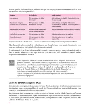 Veja no quadro abaixo as drogas preferenciais que são empregadas em situações específicas para
o tratamento da crise hipertensiva.

 Situação                            Preferência                               Razão (evitar)
 Encefalopatia                       Nitroprussiato de sódio,                  Alfametildopa (sedação), Diazóxido (diminui
                                     trimetafan                                fluxo cerebral)
 Hipertensão maligna,                Nitroprussiato de sódio,                  Alfametildopa (sedação), Hidralazina
 acidente vascular encefálico        trimetafan, enalapril                     (aumenta fluxo cerebral), Diazóxido (diminui
                                                                               fluxo cerebral)
 Edema agudo de pulmão               Nitroglicerina, enalaprilato,             Beta bloqueadores (diminui débito cardíaco)
                                     nitroprussiato de sódio
 Insuficiência coronariana           Nitroprussiato de sódio                   Hidralazina (consumo de oxigênio)
 Dissecção de aorta                  Nitroprussiato de sódio,                  Hidralazina (consumo de oxigênio,
                                     trimetafan                                taquicardia)
Adaptado de: MACIEL, B. C.; MARIN NETO, J. A. Manual de Condutas clínicas cardiológicas. São Paulo: Segmento Farma, 2005, v.1.

É fundamental sabermos definir e identificar o que é urgência ou emergência hipertensiva com
base nos parâmetros pré-estabelecidos de pressão arterial.
A prática de aferição de pressão arterial é frequente, mas nem sempre o procedimento é realiza-
do com técnica adequada e com o paciente em posição correta, dificultando ou prejudicando o
diagnóstico deste evento de risco.


              Para o diagnóstico correto, a PA deve ser medida com técnica adequada, utilizando-se
              aparelhos confiáveis e devidamente calibrados, respeitando-se as recomendações para este
              procedimento. Como técnico de enfermagem, procure atualizar-se para a realização deste
              procedimento. Recomendamos a leitura do capítulo II – Medida da Pressão Arterial no
              Caderno de Atenção Básica, n.15, 2006, do Ministério da Saúde. Disponível em:
              <http://www.prosaude.org/publicacoes/diversos/cad_AB_hipertensao.pdf>.
              Exercite a verificação da pressão arterial de maneira precisa com seus colegas de sala.
              Peça auxílio ao professor.



Síndrome coronariana aguda - SCAs
Consideradas como principal causa de morte no Brasil, as doenças circulatórias acarretam ônus
significativo para o sistema público de saúde do País em virtude da incapacidade para a vida
produtiva gerada nos indivíduos precocemente.
São fatores de risco para doenças cardiovasculares: a história familiar, idade (homens ≥ 45 anos e
mulheres ≥ 55 anos), tabagismo, hipercolesterolemia, hipertensão arterial sistêmica, diabete meli-
to, obesidade, gordura abdominal, sedentarismo, dieta pobre em frutas e legumes, estresse (MS,
Caderno de Atenção Básica nº 14, 2006).
94
 