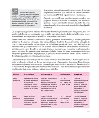 113
Analgésicos não opióides contêm um conjunto de drogas
largamente utilizadas que incluem os antiinflamatórios
não esteroidais (AINEs), o paracetemol e a dipirona.
Os opiáceos, opióides ou morfínicos compreendem um
grupo de fármacos naturais e sintéticos com estrutura
química e efeitos semelhantes aos dos alcalóides do ópio,
cuja ação analgésica, euforizante e ansiolítica é conhecida
há séculos.
Os analgésicos adjuvantes, não são classificados farmacologicamente como analgésicos, mas são
usados isolados ou em combinação com opióides para alívio da dor. Estão incluídos neste grupo
os ansiolíticos, antidepressivos, neurolépticos e anticonvulsivantes.
Tendo como base a teoria do controle do portão que vimos anteriormente, a enfermagem pode
utilizar-se de diversas estratégias não farmacológicas de alívio de dor, incluindo a fricção da
pele e o uso de frio e calor. As vantagens em utilizá-las é que são de baixo custo, fácil aplicação
e muitas delas podem ser ensinadas aos doentes e seus cuidadores estimulando o autocuidado.
Métodos como o uso do calor e frio superficiais, as massagens de conforto e os alongamentos
suaves aliviam a dor, pois ativam o sistema modulador de dor. O calor e a massagem diminuem
a isquemia por melhorar a irrigação local, a aplicação de frio diminui o edema e eleva o limiar à
dor e todos resultam em relaxamento muscular.
Cabe lembrar que toda vez que há dor ocorre contração muscular reflexa. A massagem de con-
forto, geralmente aplicada no dorso, traz sensação de relaxamento e bem-estar. Essas técnicas
atuam como adjuvante ao tratamento farmacológico, mas não deve substituí-lo. Devem atender
às necessidades dos pacientes e muitas vezes não eliminam a dor, mas contribuem para amenizar
o sofrimento. Veja como podemos utilizar esses métodos.
Método Uso frequente Contraindicação Modo de usar Precauções
Calor
superficial
Dor na região dorsal
e lombar, espasmos
e contraturas
musculares, rigidez
articular, inflamação
superficial localizada
Infecção, sangramentos,
insuficiência
vascular, alteração da
sensibilidade, alteração
do nível de consciência,
neoplasia (não aplicar
em cima do tumor)
20 a 30
minutos entre
40°C e 45°C, 3 a
4 vezes ao dia
Checar a
temperatura, colocar
uma toalha de
proteção, observar
alterações na pele,
não exceder o
tempo de exposição
recomendado
Frio
superficial
Dores músculo-
esqueléticas e
tegumentares,
contusões, torções,
ferimentos
Doença vascular
periférica, insuficiência
arterial, fenômeno de
Raynaud’s, alteração da
sensibilidade e do nível
de consciência
10 a 15 minutos
em torno de
15°C, 2 a 3
vezes ao dia
Colocar toalha de
proteção, observar
alterações na pele,
não exceder o
tempo de exposição
recomendado
Pesquise, em grupos de
trabalho, a ação farmacológica,
cuidados e efeitos colaterais dos analgésicos
não opióides, dos opióides fracos e fortes.
Apresente os resultados em sala de aula. Esse
momento é importante, pois conhecer os
fármacos disponíveis contribui para a ação
adequada do técnico de enfermagem.
 