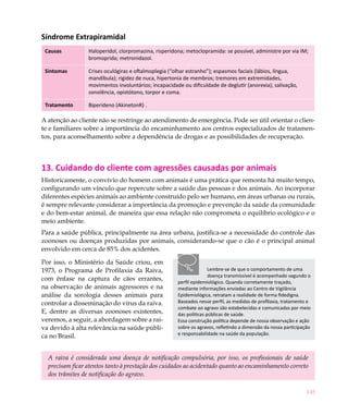 145
Síndrome Extrapiramidal
Causas Haloperidol, clorpromazina, risperidona; metoclopramida: se possível, administre por via IM;
bromoprida; metronidazol.
Sintomas Crises oculógiras e oftalmoplegia (“olhar estranho”); espasmos faciais (lábios, língua,
mandíbula); rigidez de nuca, hipertonia de membros; tremores em extremidades,
movimentos involuntários; incapacidade ou dificuldade de deglutir (anorexia); salivação,
sonolência, opistótono, torpor e coma.
Tratamento Biperideno (AkinetonR) .
A atenção ao cliente não se restringe ao atendimento de emergência. Pode ser útil orientar o clien-
te e familiares sobre a importância do encaminhamento aos centros especializados de tratamen-
tos, para aconselhamento sobre a dependência de drogas e as possibilidades de recuperação.
13. Cuidando do cliente com agressões causadas por animais
Historicamente, o convívio do homem com animais é uma prática que remonta há muito tempo,
configurando um vínculo que repercute sobre a saúde das pessoas e dos animais. Ao incorporar
diferentes espécies animais ao ambiente construído pelo ser humano, em áreas urbanas ou rurais,
é sempre relevante considerar a importância da promoção e prevenção da saúde da comunidade
e do bem-estar animal, de maneira que essa relação não comprometa o equilíbrio ecológico e o
meio ambiente.
Para a saúde pública, principalmente na área urbana, justifica-se a necessidade do controle das
zoonoses ou doenças produzidas por animais, considerando-se que o cão é o principal animal
envolvido em cerca de 85% dos acidentes.
Por isso, o Ministério da Saúde criou, em
1973, o Programa de Profilaxia da Raiva,
com ênfase na captura de cães errantes,
na observação de animais agressores e na
análise da sorologia desses animais para
controlar a disseminação do vírus da raiva.
E, dentre as diversas zoonoses existentes,
veremos, a seguir, a abordagem sobre a rai-
va devido à alta relevância na saúde públi-
ca no Brasil.
A raiva é considerada uma doença de notificação compulsória, por isso, os profissionais de saúde
precisam ficar atentos tanto à prestação dos cuidados ao acidentado quanto ao encaminhamento correto
dos trâmites de notificação do agravo.
Lembre-se de que o comportamento de uma
doença transmissível é acompanhado segundo o
perfil epidemiológico. Quando corretamente traçado,
mediante informações enviadas ao Centro de Vigilância
Epidemiológica, retratam a realidade de forma fidedigna.
Baseados nesse perfil, as medidas de profilaxia, tratamento e
combate ao agravo são estabelecidas e comunicadas por meio
das políticas públicas de saúde.
Essa construção política depende de nossa observação e ação
sobre os agravos, refletindo a dimensão da nossa participação
e responsabilidade na saúde da população.
 