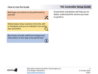Meerstetter Engineering GmbH, Schulhausgasse 12,
3113 Rubigen, Switzerland
http://www.meerstetter.ch
4
21 October 2016
5182H
TEC Controller Setup GuideHow to Use this Guide
Red boxes are actions to be performed by
yourself.
Yellow boxes show reactions from the soft-
or hardware and are an indicator if an action
was successful.
Blue boxes provide additional background
information to the step to be performed.
Screenshots and photos will help you to
better understand the actions you have
to perform.
 
