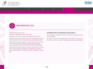 119
Technology Enabled
Care Services Resource
for Commissioners
Telehealth Resources Centre:
http://www.telehealthresourcecenter.org/
Telehealth and Telecare Aware: http://telecareaware.com/
Yorkshire and Humber Health Innovation and Education Cluster
(HIEC) Telehealth Toolkit: http://yhhiec.org.uk/telehealttoolkit/
Yorkshire and Humber Health Innovation and Education Cluster
(HIEC) Telemonitoring workbook: http://yhhiec.org.uk/wp-
content/uploads/2011/10/11070604_Tele_Moni_Workbk.pdf
Yorkshire and Humber Health Innovation and Education Cluster
(HIEC) Teleconsultation workbook: http://yhhiec.org.uk/wp-
content/uploads/2011/10/11092020_tele_consultation_workbk.
pdf
INFORMATION GOVERNANCE RESOURCES
IG information and support materials: http://www.england.nhs.uk/
ourwork/tsd/ig/
IG support materials on confidentiality, information security, codes
of practice, and the IG Toolkit: http://systems.hscic.gov.uk/infogov
IMPLEMENTING TECS
GLOSSARY ACKNOWLEDGEMENTS AND CONTACTSREFERENCES AND FURTHER READING
HOME WHY?INTRODUCTION HOW? RESOURCES
 