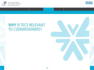 Technology Enabled
Care Services Resource
for Commissioners
20
WHY IS TECS RELEVANT
TO COMMISSIONERS?
What is TECS?
How can TECS support
commissioning ambitions?
How can TECS deliver integrated
health and social care?
Who should be engaged in a TECS initiative?
How can TECS support commissioning priorities?
How could TECS improve a care pathway?
WHAT IS TECS? COMMISSIONING AMBITIONS INTEGRATION STAKEHOLDER ENGAGEMENT COMMISSIONING PRIORITIES CARE PATHWAY
HOME WHY?INTRODUCTION HOW? RESOURCES
 