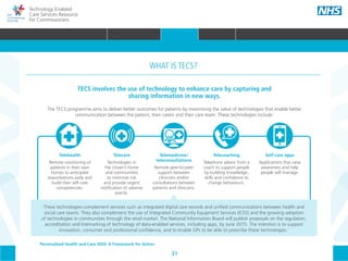 21
Technology Enabled
Care Services Resource
for Commissioners
WHAT IS TECS?
TECS involves the use of technology to enhance care by capturing and
sharing information in new ways.
The TECS programme aims to deliver better outcomes for patients by maximising the value of technologies that enable better
communication between the patient, their carers and their care team. These technologies include:
Telehealth
Remote monitoring of
patients in their own
homes to anticipate
exacerbations early and
build their self-care
competencies.
Telecare
Technologies in
the citizen’s home
and communities
to minimise risk
and provide urgent
notification of adverse
events.
Telemedicine/
teleconsultations
Remote peer-to-peer
support between
clinicians and/or
consultations between
patients and clinicians.
Telecoaching
Telephone advice from a
coach to support people
by building knowledge,
skills and confidence to
change behaviours.
Self-care apps
Applications that raise
awareness and help
people self-manage.
These technologies complement services such as integrated digital care records and unified communications between health and
social care teams. They also complement the use of Integrated Community Equipment Services (ICES) and the growing adoption
of technologies in communities through the retail market. The National Information Board will publish proposals on the regulation,
accreditation and kitemarking of technology of data-enabled services, including apps, by June 2015. The intention is to support
innovation, consumer and professional confidence, and to enable GPs to be able to prescribe these technologies.1
1
Personalised Health and Care 2020: A Framework for Action
HOME WHY?INTRODUCTION HOW? RESOURCES
WHAT IS TECS? COMMISSIONING AMBITIONS INTEGRATION STAKEHOLDER ENGAGEMENT COMMISSIONING PRIORITIES CARE PATHWAYWHAT IS TECS?
 