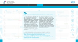 Technology Enabled
Care Services Resource
for Commissioners
Patient commences
medication but fails to
adhere to course
Patient has
exacerbation of
COPD and contacts
GP for appointment
Patient
Telehealth
Key
Teleconsultation
Telecare
Telemedicine
Telerehabilitation
Please click on the
icons to see how
TECS can improve the
patient’s journey
Primary
Care
Ambulance
service
Community
provider
Socialcare
provider
Acute
provider
Evidence
Carer/
Family
COPD is an Ambulatory Care
Sensitive Condition (ACSC) where
primary care interventions should avoid
a hospital admission
A recent systematic review of the
literature found non-adherence to
medication in COPD to be high (1)
COPD average length of inpatient
episode is 9 days (NICE 2010) (2)
Supporting paramedics to make the
decision whether or not to convey
patients in an emergency department
can reduce admissions (3)
Approximately one third of patients
with a main diagnosis of COPD will
readmit within a month of discharge
(4). Providers will not be paid for
readmissions within 30 days of discharge
Research suggests where possible
people prefer to stay in their home
rather than move into residential care (6)
NO
ADMISSION
EVIDENCE
COPD EXACERBATION EVENT Example Patient Journey with TECS support ideas
38% of admissions into nursing
or residential care are a result of
Carer stress (5)
Practice visit- course
of antibiotics and oral
steroids prescribed
Patient assessed
in A&E
Symptoms worsen
and patient calls 999
Rescue
Pack
Symptoms
stabilise and after 7
days the patient is
discharged home
READMISSION
ADMISSION POST FALL
Symptoms stabilise
quickly and after 2
days the patient is
discharged home
REFERALL
DAILY VISIT
x3 WEEKLY VISIT
Domiciliary
home care support
services commences
After 15 days the patient
is stable enough to return
home with support package
Community
matron visits patient
following discharge
14 days post discharge
patient awakes with
breathlessness and panics
REFERALL
Son phones his father the next morning but gets no response
and so contacts a neighbour to check . Patient found on the floor
and in need of urgent treatment - 999
NEIGHBOUR
Paramedic
assesses patient
and decides to take
to A&E
DAILY VISIT
FOR 7 DAYS
Several weeks later, the
patient awakes at night with
breathlessness. He falls whilst
retrieving his inhaler
Son agrees time off
from work to attend
GP appointment
with his father.
Patient and son
attend GP follow
up appointment
REFERALL
Pulmonary
Rehabilitation
Son increasingly worried
about fathers welfare. He is now considering
residential care and has discussed this with his
father who feels has little alternative
Social worker
reassessment
scheduled
ASSESSMENT
REQUESTED
Patient increasingly feels that
he is a burden on his only
son. Is considering going into
residential care
Patient contacts GP
surgery to book follow up
appointment as advised
Early Supported
Discharge Team
YES
PATIENT
PATIENT HAS EXACERBATION OF COPD AND CONTACTS GP FOR APPOINTMENT
In a survey of 307 patients with COPD, only
34% felt confident about spotting early
signs of deterioration in their condition1
.
Telehealth has been shown to improve patient
confidence, symptom recognition and overall
self-management. In addition, it has been
shown to reduce hospital admissions, visits to
GPs and visits from community nurses.
Telehealth interactive monitoring in COPD
typically involves the patient completing daily
symptom questionnaires. Condition sensitive
physiological measurements, such as pulse
oximetry and blood pressure, are also taken.
This data is then used to remotely support
the patient in being able to stay at home,
encourage early intervention strategies and
ultimately prevent further decline and possible
admission to hospital. The Cochrane review
of telehealthcare for COPD also reported a
clinically significant increase in quality of life2
.
Improving self-management behaviour is
also an important goal of telehealth.
Studies have shown that this is associated
with favourable outcomes3
and patients who
learn to self-manage effectively are less likely
to be readmitted to hospital4
.
1
British Lung Foundation, Ready for Home? Improving hospital discharge care for people living
	 with COPD. February 2011
2
McLean S, Nurmatov U, Liu J et al. Telehealthcare for chronic obstructive pulmonary disease
	 (Review). The Cochrane Collaboration, The Cochrane Library 2012, Issue 8.
3
ZWERINK, M. et al. Self management for patients with chronic obstructive pulmonary disease
	 Cochrane Database Syst Rev, v. 3, p. Cd002990, 2014. ISSN 1361-6137.
4
Bucknall C, Miller G, Lloyd S et al. Glasgow supported self-management trial (GSuST) for patients with
	 moderate to severe COPD: randomised controlled trial.
HOME WHY?INTRODUCTION HOW? RESOURCES
CARE PATHWAYCOMMISSIONING PRIORITIESSTAKEHOLDER ENGAGEMENTINTEGRATIONCOMMISSIONING AMBITIONSWHAT IS TECS? CARE PATHWAY
 