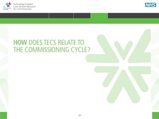 47
Technology Enabled
Care Services Resource
for Commissioners
HOW DOES TECS RELATE TO
THE COMMISSIONING CYCLE?
What is TECS?
HOME WHY?INTRODUCTION HOW? RESOURCES
TRANSFORMING HEALTH & CARE STRATEGIC PLANNING PROCUREMENT IMPLEMENTING TECS MEASURING IMPACT CONTINUOUS IMPROVEMENT
Transforming health and care through
the use of TECS
Strategic planning
Procurement
Implementing TECS: putting TECS in context
Measuring impact
Continuous improvement
 