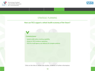 52
Technology Enabled
Care Services Resource
for Commissioners
Prison
Health
Mental
health
Social care
Patient
CommissionerAcute care
Primary
care
Community
care
Emergency
care
Commissioner
•• System-wide online meeting capability.
•• Access to TECS evidence repository.
•• TECS for multi-agency care delivery for complex patients.
STRATEGIC PLANNING
How can TECS support a whole health economy of the future?
Click on the links to access case studies, evidence or further information.
TRANSFORMING HEALTH & CARE STRATEGIC PLANNING PROCUREMENT IMPLEMENTING TECS MEASURING IMPACT CONTINUOUS IMPROVEMENT
HOME WHY?INTRODUCTION HOW? RESOURCES
STRATEGIC PLANNING
 