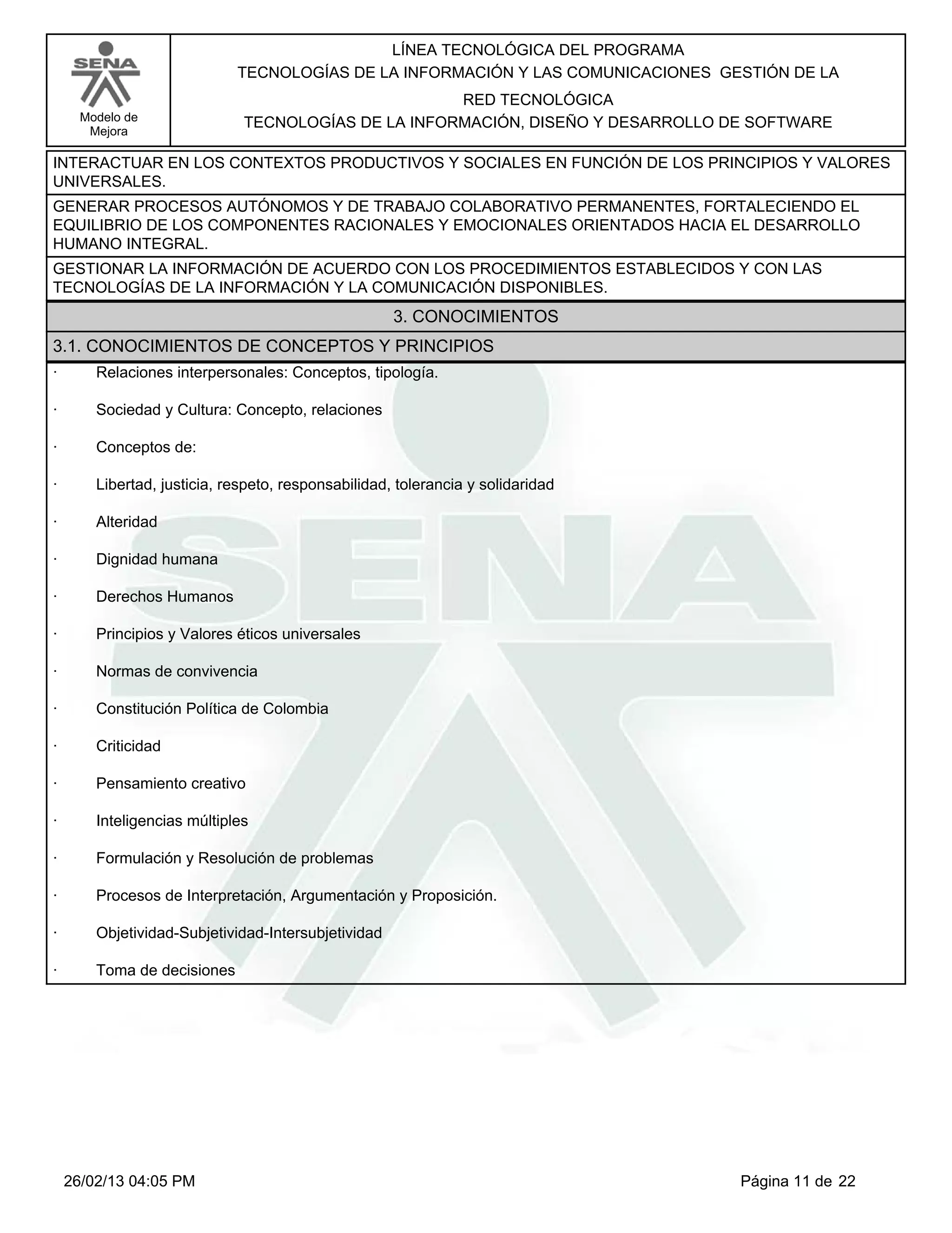 LÍNEA TECNOLÓGICA DEL PROGRAMA
                             TECNOLOGÍAS DE LA INFORMACIÓN Y LAS COMUNICACIONES GESTIÓN DE LA
                                                     RED TECNOLÓGICA
      Modelo de               TECNOLOGÍAS DE LA INFORMACIÓN, DISEÑO Y DESARROLLO DE SOFTWARE
       Mejora

INTERACTUAR EN LOS CONTEXTOS PRODUCTIVOS Y SOCIALES EN FUNCIÓN DE LOS PRINCIPIOS Y VALORES
UNIVERSALES.
GENERAR PROCESOS AUTÓNOMOS Y DE TRABAJO COLABORATIVO PERMANENTES, FORTALECIENDO EL
EQUILIBRIO DE LOS COMPONENTES RACIONALES Y EMOCIONALES ORIENTADOS HACIA EL DESARROLLO
HUMANO INTEGRAL.
GESTIONAR LA INFORMACIÓN DE ACUERDO CON LOS PROCEDIMIENTOS ESTABLECIDOS Y CON LAS
TECNOLOGÍAS DE LA INFORMACIÓN Y LA COMUNICACIÓN DISPONIBLES.
                                                     3. CONOCIMIENTOS
3.1. CONOCIMIENTOS DE CONCEPTOS Y PRINCIPIOS
·       Relaciones interpersonales: Conceptos, tipología.

·       Sociedad y Cultura: Concepto, relaciones

·       Conceptos de:

·       Libertad, justicia, respeto, responsabilidad, tolerancia y solidaridad

·       Alteridad

·       Dignidad humana

·       Derechos Humanos

·       Principios y Valores éticos universales

·       Normas de convivencia

·       Constitución Política de Colombia

·       Criticidad

·       Pensamiento creativo

·       Inteligencias múltiples

·       Formulación y Resolución de problemas

·       Procesos de Interpretación, Argumentación y Proposición.

·       Objetividad-Subjetividad-Intersubjetividad

·       Toma de decisiones




    26/02/13 04:05 PM                                                             Página 11 de 22
 