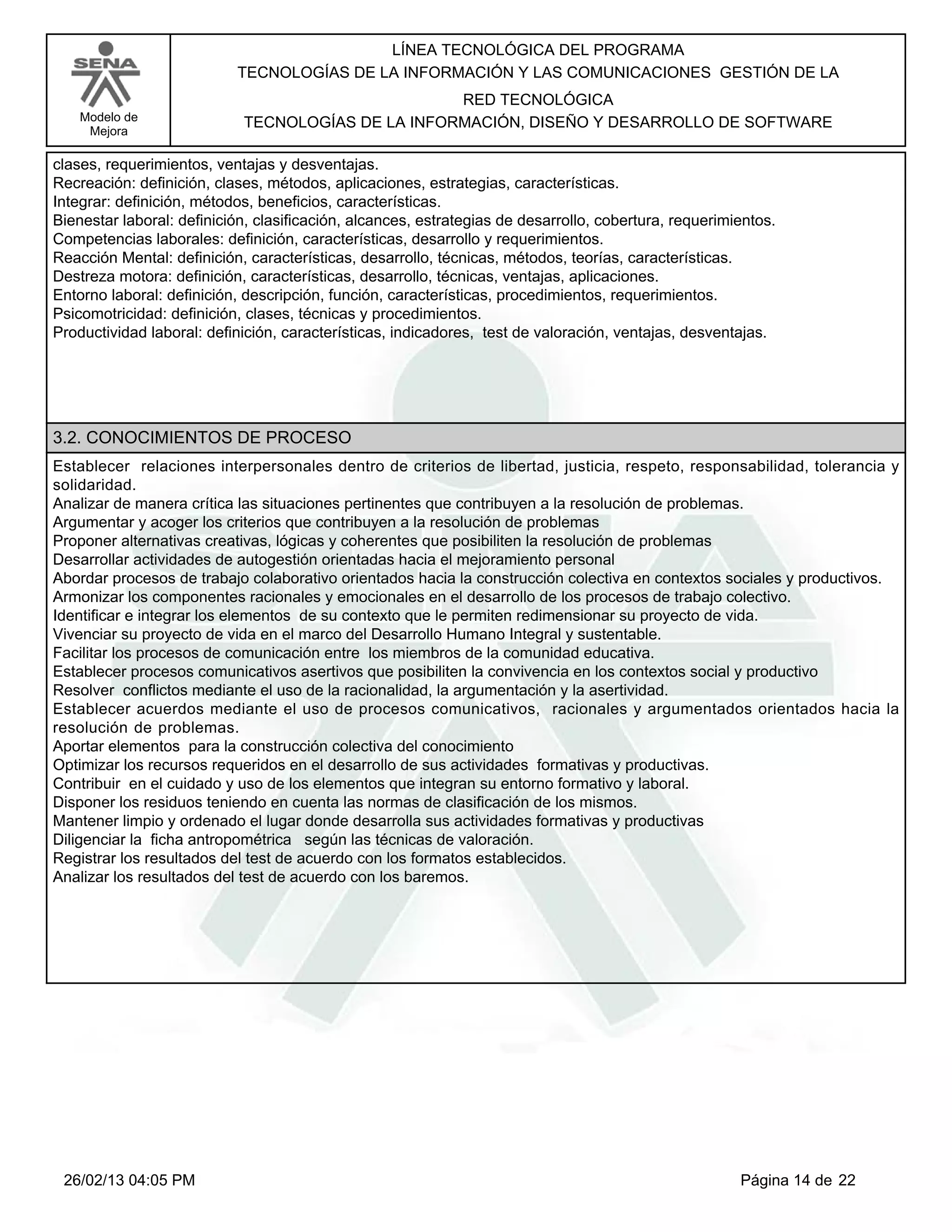 LÍNEA TECNOLÓGICA DEL PROGRAMA
                           TECNOLOGÍAS DE LA INFORMACIÓN Y LAS COMUNICACIONES GESTIÓN DE LA
                                                   RED TECNOLÓGICA
    Modelo de               TECNOLOGÍAS DE LA INFORMACIÓN, DISEÑO Y DESARROLLO DE SOFTWARE
     Mejora

clases, requerimientos, ventajas y desventajas.
Recreación: definición, clases, métodos, aplicaciones, estrategias, características.
Integrar: definición, métodos, beneficios, características.
Bienestar laboral: definición, clasificación, alcances, estrategias de desarrollo, cobertura, requerimientos.
Competencias laborales: definición, características, desarrollo y requerimientos.
Reacción Mental: definición, características, desarrollo, técnicas, métodos, teorías, características.
Destreza motora: definición, características, desarrollo, técnicas, ventajas, aplicaciones.
Entorno laboral: definición, descripción, función, características, procedimientos, requerimientos.
Psicomotricidad: definición, clases, técnicas y procedimientos.
Productividad laboral: definición, características, indicadores, test de valoración, ventajas, desventajas.




3.2. CONOCIMIENTOS DE PROCESO
Establecer relaciones interpersonales dentro de criterios de libertad, justicia, respeto, responsabilidad, tolerancia y
solidaridad.
Analizar de manera crítica las situaciones pertinentes que contribuyen a la resolución de problemas.
Argumentar y acoger los criterios que contribuyen a la resolución de problemas
Proponer alternativas creativas, lógicas y coherentes que posibiliten la resolución de problemas
Desarrollar actividades de autogestión orientadas hacia el mejoramiento personal
Abordar procesos de trabajo colaborativo orientados hacia la construcción colectiva en contextos sociales y productivos.
Armonizar los componentes racionales y emocionales en el desarrollo de los procesos de trabajo colectivo.
Identificar e integrar los elementos de su contexto que le permiten redimensionar su proyecto de vida.
Vivenciar su proyecto de vida en el marco del Desarrollo Humano Integral y sustentable.
Facilitar los procesos de comunicación entre los miembros de la comunidad educativa.
Establecer procesos comunicativos asertivos que posibiliten la convivencia en los contextos social y productivo
Resolver conflictos mediante el uso de la racionalidad, la argumentación y la asertividad.
Establecer acuerdos mediante el uso de procesos comunicativos, racionales y argumentados orientados hacia la
resolución de problemas.
Aportar elementos para la construcción colectiva del conocimiento
Optimizar los recursos requeridos en el desarrollo de sus actividades formativas y productivas.
Contribuir en el cuidado y uso de los elementos que integran su entorno formativo y laboral.
Disponer los residuos teniendo en cuenta las normas de clasificación de los mismos.
Mantener limpio y ordenado el lugar donde desarrolla sus actividades formativas y productivas
Diligenciar la ficha antropométrica según las técnicas de valoración.
Registrar los resultados del test de acuerdo con los formatos establecidos.
Analizar los resultados del test de acuerdo con los baremos.




 26/02/13 04:05 PM                                                                                     Página 14 de 22
 