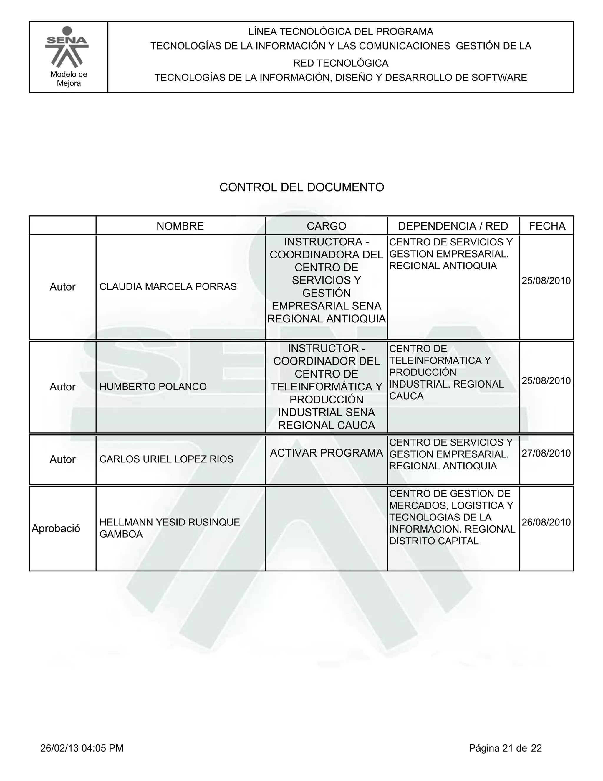 LÍNEA TECNOLÓGICA DEL PROGRAMA
                       TECNOLOGÍAS DE LA INFORMACIÓN Y LAS COMUNICACIONES GESTIÓN DE LA
                                               RED TECNOLÓGICA
   Modelo de            TECNOLOGÍAS DE LA INFORMACIÓN, DISEÑO Y DESARROLLO DE SOFTWARE
    Mejora




                                   CONTROL DEL DOCUMENTO


                        NOMBRE                   CARGO        DEPENDENCIA / RED     FECHA
                                             INSTRUCTORA -   CENTRO DE SERVICIOS Y
                                          COORDINADORA DEL GESTION EMPRESARIAL.
                                               CENTRO DE     REGIONAL ANTIOQUIA
                                               SERVICIOS Y                         25/08/2010
   Autor       CLAUDIA MARCELA PORRAS
                                                GESTIÓN
                                           EMPRESARIAL SENA
                                          REGIONAL ANTIOQUIA

                                              INSTRUCTOR -     CENTRO DE
                                           COORDINADOR DEL     TELEINFORMATICA Y
                                                CENTRO DE      PRODUCCIÓN
                                                               INDUSTRIAL. REGIONAL    25/08/2010
   Autor       HUMBERTO POLANCO            TELEINFORMÁTICA Y
                                               PRODUCCIÓN      CAUCA
                                            INDUSTRIAL SENA
                                            REGIONAL CAUCA
                                                               CENTRO DE SERVICIOS Y
                                           ACTIVAR PROGRAMA GESTION EMPRESARIAL.       27/08/2010
   Autor       CARLOS URIEL LOPEZ RIOS
                                                               REGIONAL ANTIOQUIA

                                                               CENTRO DE GESTION DE
                                                               MERCADOS, LOGISTICA Y
                                                               TECNOLOGIAS DE LA
               HELLMANN YESID RUSINQUE                                               26/08/2010
Aprobació                                                      INFORMACION. REGIONAL
               GAMBOA
                                                               DISTRITO CAPITAL




 26/02/13 04:05 PM                                                           Página 21 de 22
 