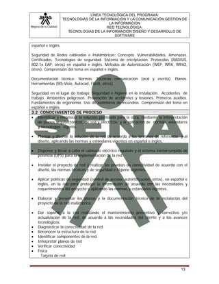Mejora de la Calidad
LÍNEA TECNOLÓGICA DEL PROGRAMA:
TECNOLOGIAS DE LA INFORMACION Y LA COMUNICACIÓN GESTION DE
LA INFORMACION
RED TECNOLÓGICA:
TECNOLOGIAS DE LA INFORMACION DISEÑO Y DESARROLLO DE
SOFTWARE
13
español e inglés.
Seguridad de Redes cableadas e Inalámbricas: Concepto. Vulnerabilidades. Amenazas.
Certificados. Tecnologías de seguridad. Sistema de encriptación. Protocolos (RADIUS,
802.1x EAP, otros) en español e inglés. Métodos de Autenticación (WEP, WPA, WPA2,
otros). Comprensión del tema en español e inglés.
Documentación técnica: Normas. Técnicas comunicación (oral y escrita). Planos.
Herramientas (MS-Visio, Autocad, Flash, otros).
Seguridad en el lugar de trabajo: Seguridad e higiene en la instalación. Accidentes de
trabajo. Ambientes peligrosos. Prevención de accidentes y lesiones. Primeros auxilios.
Fundamentos de ergonomía. Uso de extintores de incendios. Comprensión del tema en
español e inglés.
3.2 CONOCIMIENTOS DE PROCESO
• Identificar y reconocer la solución planteada para la obra, mediante la interpretación
de planos arquitectónicos, de red y eléctricos; y la aplicación de normas, estándares
y tecnologías vigente.
• Planear y diseñar la solución de la red de acuerdo a los términos de referencia y al
diseño, aplicando las normas y estándares vigentes en español e inglés.
• Disponer y llevar a cabo el cableado eléctrico regulado y el sistema ininterrumpido de
potencia (UPS) para la implementación de la red.
• Instalar el proyecto de red y realizar las pruebas de conectividad de acuerdo con el
diseño, las normas técnicas y de seguridad e higiene vigentes.
• Aplicar políticas de seguridad (control de acceso, autentificación, otros), en español e
inglés, en la red para proteger la información de acuerdo con las necesidades y
requerimientos del proyecto y aplicando las normas y estándares vigentes.
• Elaborar y presentar los planos y la documentación técnica de la instalación del
proyecto de la red inalámbrica.
• Dar soporte a la red realizando el mantenimiento preventivo y correctivo y/o
actualización de la red, de acuerdo a las necesidades del cliente y a los avances
tecnológicos.
• Diagnosticar la conectividad de la red
• Reconocer la estructura de la red
• Identificar componentes de la red
• Interpretar planos de red
• Verificar conectividad
• Física
Tarjeta de red
 