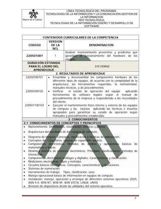 Mejora de la Calidad
LÍNEA TECNOLÓGICA DEL PROGRAMA:
TECNOLOGIAS DE LA INFORMACION Y LA COMUNICACIÓN GESTION DE
LA INFORMACION
RED TECNOLÓGICA:
TECNOLOGIAS DE LA INFORMACION DISEÑO Y DESARROLLO DE
SOFTWARE
7
CONTENIDOS CURRICULARES DE LA COMPETENCIA
CODIGO
VERSION
DE LA
NCL
DENOMINACION
220501001 1
Realizar mantenimiento preventivo y predictivo que
garantice el funcionamiento del hardware de los
equipos.
DURACIÓN ESTIMADA
PARA EL LOGRO DEL
APRENDIZAJE
310 HORAS
2. RESULTADOS DE APRENDIZAJE
22050100101
22050100102
220501100103
• Ensamblar y desensamblar los componentes hardware de los
diferentes tipos de equipos, de acuerdo con la complejidad de la
arquitectura, las herramientas requeridas, la normatividad,
manuales técnicos, y de procedimientos
• Verificar el estado de operación del equipo aplicando
herramientas de software legales según el manual de
procedimientos de la empresa y respondiendo a las necesidades
del cliente
• Ejecutar el mantenimiento físico interno y externo de los equipos
de cómputo y las tarjetas aplicando las técnicas e insumos
apropiados para garantizar su estado de operación según
manuales y procedimientos establecidos
3. CONOCIMIENTOS
3.1 CONOCIMIENTOS DE CONCEPTOS Y PRINCIPIOS
• Mantenimiento: Definiciones, clasificación, técnicas y planes.
• Arquitectura del Hardware de los equipos de cómputo.
• Diagrama de bloques: Concepto, clasificación y técnicas de elaboración.
• Conceptos de: Conectores, ranuras de expansión, sockets.
• Componentes electrónicos: Métodos de análisis y operaciones básicas de
matemáticas y físicas.
• Dinámica atómica de procesos electrónicos: Principios, clasificaciones, métodos de
interacción.
• Componentes electrónicos análogos y digitales: Características y clasificación.
• Mediciones electrónicas: Tipos y métodos.
• Circuitos básicos electrónicos: Conceptos, características y operaciones.
• Sistemas de numeración.
• Herramientas de trabajo: Tipos, clasificación, usos.
• Manejo operacional básico de información en equipos de computo.
• Instalación, manejo, operación y arranque de diferentes sistemas operativos (DOS,
WIN 9.X, WIN NT, WIN XP, WIN VISTA, LINUX, UNÍX)
• Revisión de dispositivos desde las utilidades del sistema operativo.
 