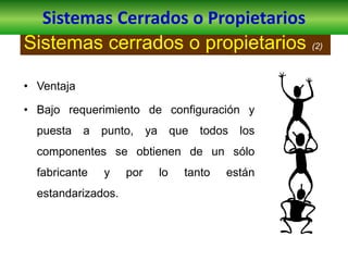 • Ventaja
• Bajo requerimiento de configuración y
puesta a punto, ya que todos los
componentes se obtienen de un sólo
fabricante y por lo tanto están
estandarizados.
Sistemas cerrados o propietarios (2)
Sistemas Cerrados o Propietarios
 