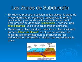 Las Zonas de Subducción  En ellas se produce la colisión de las placas, la placa de mayor densidad (la oceánica) resbala bajo la otra (la continental) y se hunde profundamente en el manto. Este proceso se denomina  subducción  y produce, una  fosa oceánica  (una profunda depresión estrecha).  Cuando una placa subduce, delimita un plano inclinado llamado  Plano de Benioff , en el que se localizan los  focos de los terremotos  que se producen por los esfuerzos de compresión y fricción que experimenta la placa. 