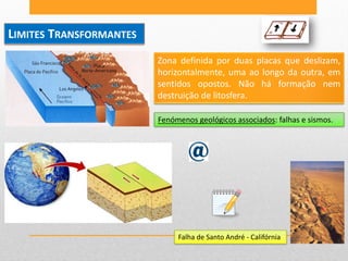 LIMITES TRANSFORMANTES
                         Zona definida por duas placas que deslizam,
                         horizontalmente, uma ao longo da outra, em
                         sentidos opostos. Não há formação nem
                         destruição de litosfera.

                         Fenómenos geológicos associados: falhas e sismos.




                              Falha de Santo André - Califórnia
 